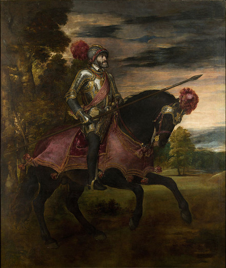 a painting of a man on a horse, wearing armor, dark clouds behind him, the horse black, a burgundy saddle on it, silver reigns on him, a long spear in the man's hands, trees behind him