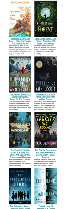 A screenshot of a part of a newsletter, featuring 8 books: Merchants of Light and Bone (Haunting fantasy in a tropical setting), Child of the Forest ( YA fantasy adventure with some dark themes), The Ancillary Trilogy (a space opera with a focus on the personal), Provenance (a sci-fi novel that plays with multiple themes), The Word for World is Forest (a story with strong anti-colonial and environmental messages), The City We Became and The World We Make (original urban fantasy duology), The Calculating Stars (alternate history sci-fi set in the 50s) and The Left Hand of Darkness (a thought experiment of a genderless society).
