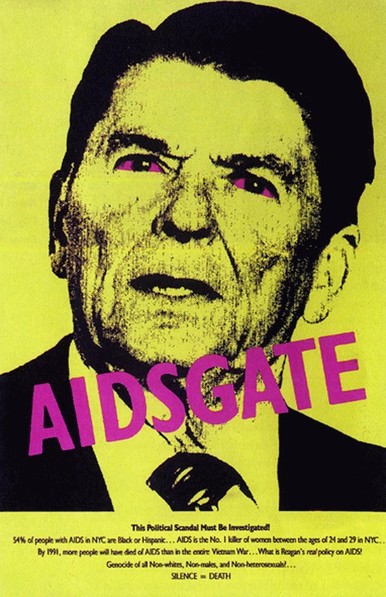 ACT UP/Gran Fury poster, 1990: a yellow paper showing the xeroxed head of bastard Ronald Reagan with magenta-colored eyes with the word AIDSGATE beneath his flabby bastard chin. text beneath reads: This Political Scandal Must Be Investigated!
54% of people with AIDS in NYC are Black or Hispanic… AIDS is the No. 1 killer of women between the ages of 24 and 29 in NYC… By 1991, more people will have died of AIDS than in the entire Vietnam War… What is Reagan's real policy on AIDS? Genocide of all Non-whites, Non-males, and Non-heterosexuals?… 
SILENCE = DEATH