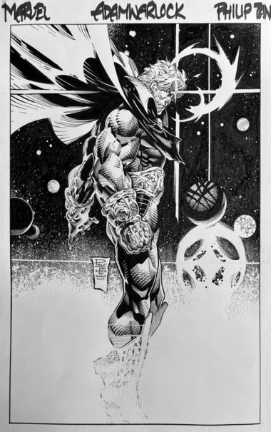 an illustration of Adam Warlock, in space, seen from the side, there is a light bursting in a flare in front of his head, planets behind him, his head is looking downwards, the bottom of the illustration fades to white