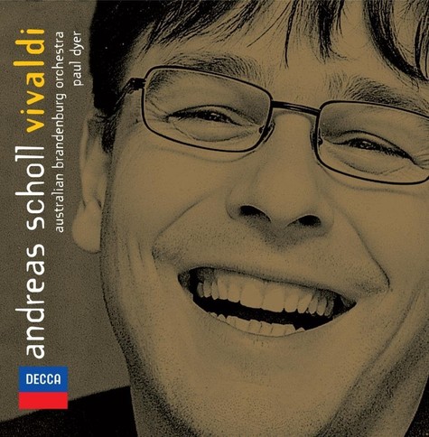 Cover of the album Vivaldi by Andreas Scholl. Showing the laughing face of Andreas wearing spectacles with a thin metal frame.