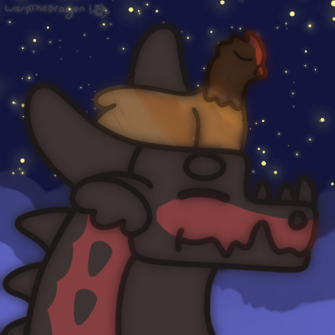 A headshot drawing of Koza, a red and black dragon with a chicken sleeping on his head.