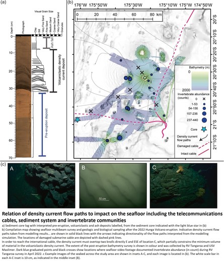 maps and figures - Relation of density current flow paths to impact on the seafloor including the telecommunications cables, sediment system and invertebrate communities