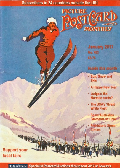 The front cover of Picture Postcard Monthly No 453 from January 2017, featuring a detail from a vintage postcard of a ski-jumper in mid-jump.