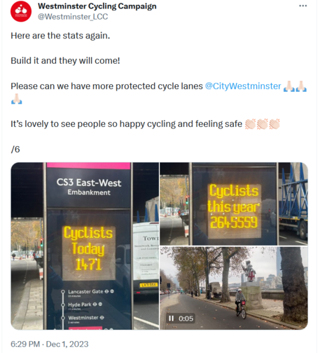 Screenshot of a tweet by the Westminster branch of the London Cycling Campaign. Attached to the tweet are two pictures of the electronic display on the counter's totem with the quoted YTD and day's scores, plus a 10 second video of people cycling along the cycle track.