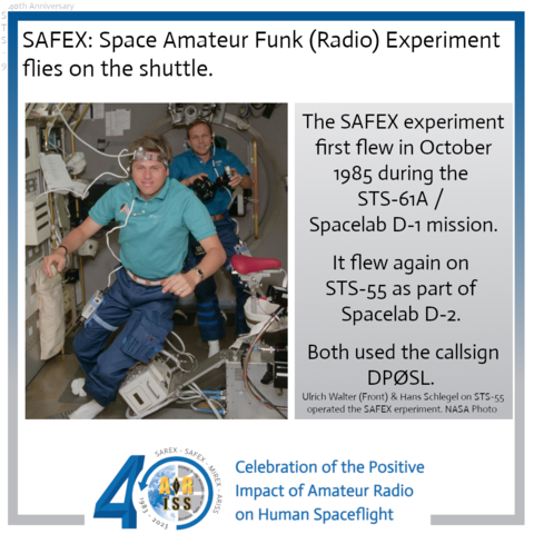 SAFEX: Space Amateur Funk (Radio) Experiment flies on the shuttle. 

The SAFEX experiment first flew in October 1985 during the STS-61A / Spacelab D-1 mission. â€˜
It flew again on STS-55 as part of Spacelab D-2. 

Both used the callsign DP0SL.

 Ulrich Walter (Front) & Hans Schlegel on STS-55 ' = operated the SAFEX experiment. NASA Photo