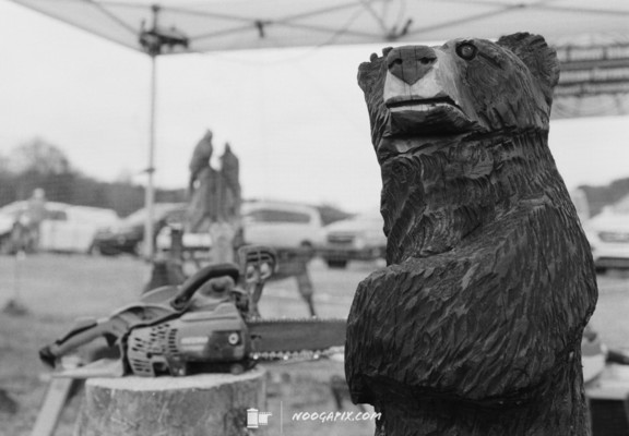 Black and white photo of a chainsaw carving of a bear