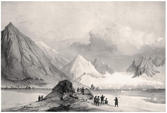 View of the mountainous and icy landscape of Spitsbergen as seen from Magdalena Bay, populated with figures in the foreground