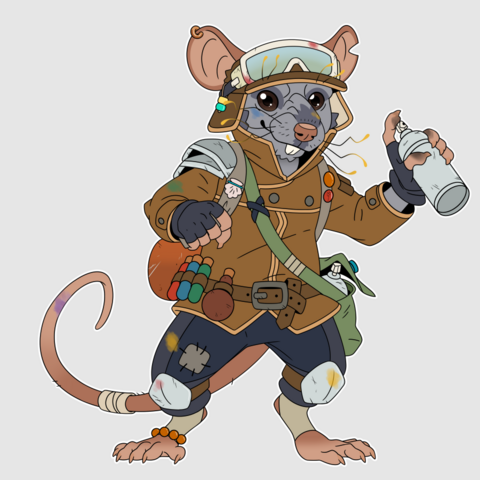 Digital illustration of a bipedal grey rat drawn with evenly weighted lines and colored with mostly natural tones. He wears a rugged utalitarian outfit fit for adventuring. He has dark eyes and a crooked grin. His outfit consists of a short oiled suede leather jacket and patched dark bluish-grey pants that stop just below the knee. He wears a matching leather hat with his dark pink rat ears sticking out the top. A pair of white trimmed goggles are perched on the hat brim. There are small bits of metal armor on the knees and one shoulder. He has a multicolored set of vials attached to his belt, an olive green satchel slung across his body, and he's wielding a silver spray paint can. Small beads, trinkets, and buttons have been attached to the outfit. Colorful smudges of paint are visible on his gear and clothes. His bent and frazzled whiskers are tipped in yellow-orange.