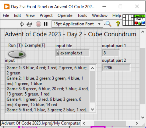 Front panel from my LabVIEW solution to Advent of code 2023 day 2 showing the example input and the outputs to parts 1 and 2
