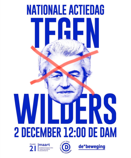 Flyer for the day of action against Wilders. The flyer has an image of Wilders' face with a red strikestrough