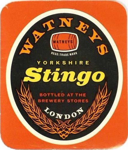 A Watneys Yorkshire Stingo label featuring a red barrel, two sheaves of barley and a hop.