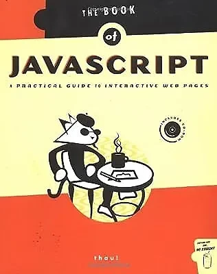Retro Javascript book cover with a French beret wearing cat at a table with coffee and notepad with a cream and orange background.