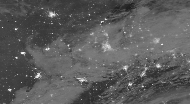 Nighttime visible image from NOAA-20 AVHRR captured 02 December at 0740 UTC. Image is centered over the US Midwest and shows numerous city lights and extensive cloudiness from Kansas to Michigan and the Ohio Valley.