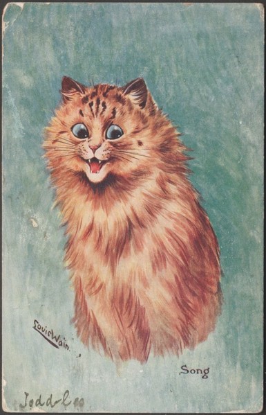 Vintage postcard, postally used in 1905, showing one of Louis Wain's iconic cat paintings, titled "Song" and with a ginger cat with manic eyes and a big grin.