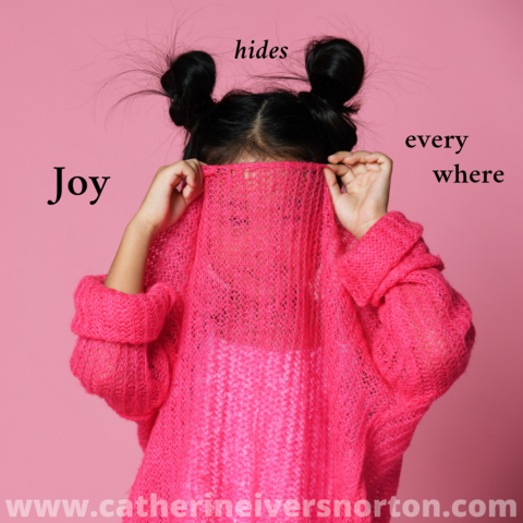 A girl with cute twin buns on top of her head hides beneath the fabric of her bright pink sweater that she has pulled up over her eyes. The caption reads, "Joy hides everywhere."