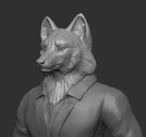 grey 3d clay render of an anthropomorphic wolf in 3/4 view.