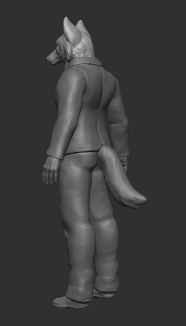 grey 3d clay render of an anthropomorphic wolf in 3/4 back view.