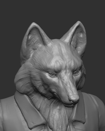 grey 3d clay render of an anthropomorphic wolf in 3/4 view head closeup.