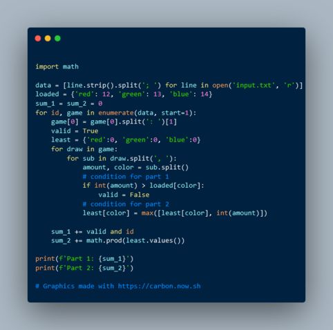 This is the code for day 2 in python


import math

data = [line.strip().split('; ') for line in open('input.txt', 'r')]
loaded = {'red': 12, 'green': 13, 'blue': 14}
sum_1 = sum_2 = 0
for id, game in enumerate(data, start=1):
    game[0] = game[0].split(': ')[1]
    valid = True
    least = {'red':0, 'green':0, 'blue':0}
    for draw in game:
        for sub in draw.split(', '):
            amount, color = sub.split()
            # condition for part 1
            if int(amount) > loaded[color]:
                valid = False
            # condition for part 2
            least[color] = max([least[color], int(amount)])
    
    sum_1 += valid and id
    sum_2 += math.prod(least.values())

print(f'Part 1: {sum_1}')
print(f'Part 2: {sum_2}')

# Graphics made with https://carbon.now.sh