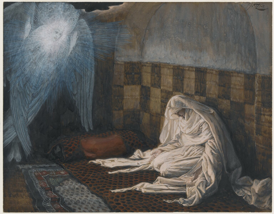 From the website: ‘According to Luke, an angel appeared to Mary and announced that she would bear the Son of God. Tissot adhered to art-historical precedents for this biblical episode, placing the Angel Annunciate at left and Mary at right. Her white robes, symbolizing purity, set her apart from the pattern-on-pattern furnishings that the artist used to signal the “authenticity” of the exotic Eastern setting. Mary sits on the floor with head bowed and hands open, humbly accepting her role.   In a later passage of his published Bible, Tissot wrote an extensive commentary on the hierarchies and anatomies of angels. Citing biblical texts, he indicates that the cherubim, the angelic messengers he depicted in some of his images, are endowed with the face of a man and three pairs of wings: one pair to veil the face, another to cover the body, and the last used for flight on divine missions. ‘