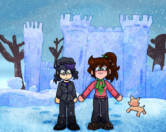 Akaei and Ashika stand in front of their respective snow forts, with Buttercup looking at Akaei's in shock behind her. Akaei's fort is a large castle structure, while Ashika's is a sad pile of snow. Ashika looks embarassed and Akaei looks very proud of herself. Way to destroy her ego, Akaei.