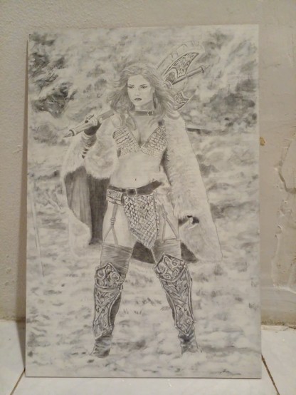 a painting of red sonja, in black and white, before color was added, she is standing in a snowy woods, a very large axe resting on her shoulder, she is holding the handle, she is wearing a fur around her, she looks to the left side , she looks proud and powerful