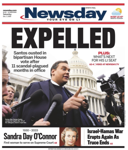 Front page of Newsday with the main headline EXPELLED with a photo of George Santos at the US Capitol