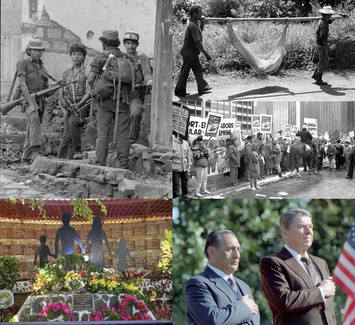 Clockwise from top right: two Salvadorans carrying the body of a casualty of war in 1982, a protest in Chicago against the civil war in 1989, Salvadoran President JosÃ© NapoleÃ³n Duarte and United States President Ronald Reagan in 1987, a memorial to the El Mozote massacre of 1981, guerrilla fighers in PerquÃ­n in 1990.