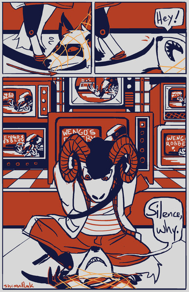 Three panel comic page. The first two panels show the sheep girl, Silence, turning over the raccoon with her foot so they are now laying on their back looking up at her. In the third panel, she’s crouching over them with her arms behind her back, while they say a defeated “Silence, why.” The background shows a number of TV sets in a storefront window, all showing the same broadcast about the Wengo’s Creamery break-in.