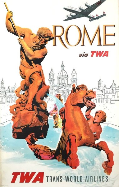 founts and sculptures are seen in bronze while a prop plane fly's over with the words Rome via TWA