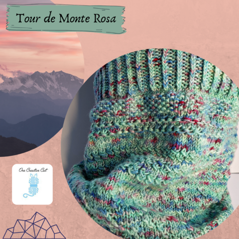 Photo of the Monte Rosa in the sunset with a very pink sky. On the right, a circular photo of the knitted Tour de Monte Rosa cowl in a green, blue and raspberry hand dyed yarn. One creative cat logoo is visible in the left corner: a turquoise ball of yarn upright with a cat's tail and cat's ears.