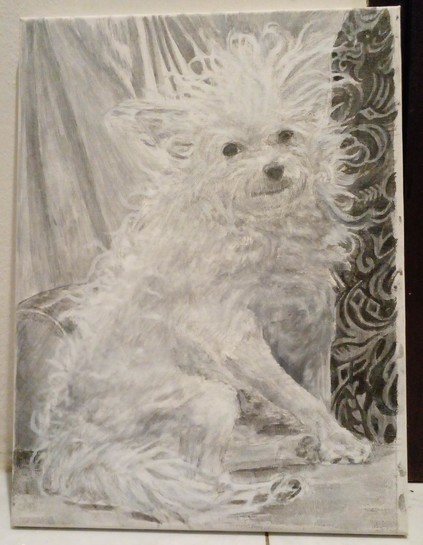 a black and white painting of a white dog that is very hairy, he is small sized, it is seen from the side looking at the viewer