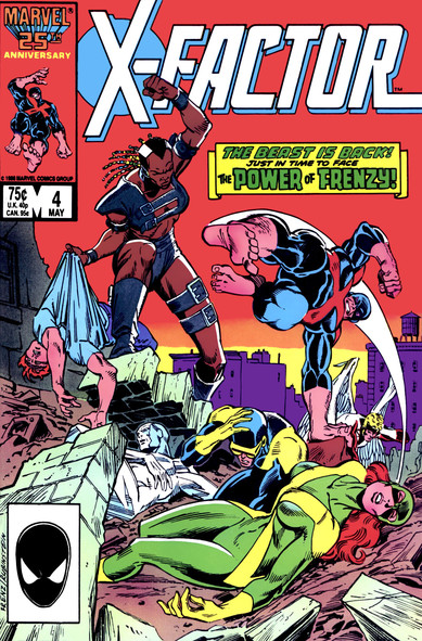 the cover of the comic book, in white and blue letters at the top it reads 'x-factor', the villain is victorious, holding one of the heroes' broken bodies, she raises her fist in the air, the Beast leaps towards her from behind , in the upper left corner it reads 'Marvel 25th Anniversary'