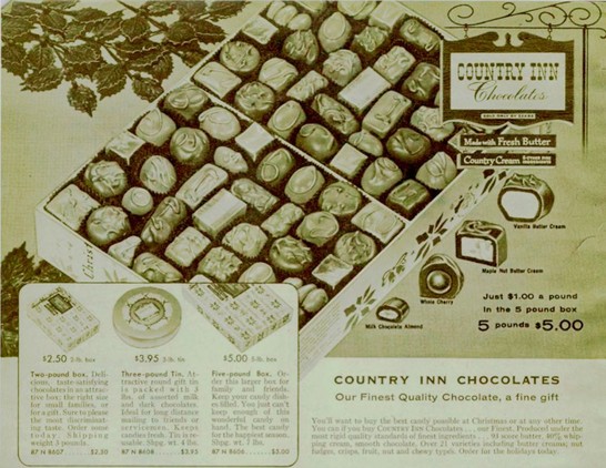 A faded, greenish page out of a 1950s Sears Wishbook catalog, depicting various chocolate assortments.
