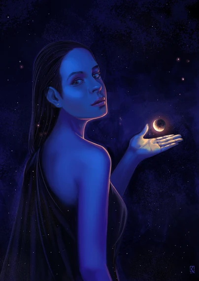 A personification of night - woman with a glowing celestial body floating above her hand.