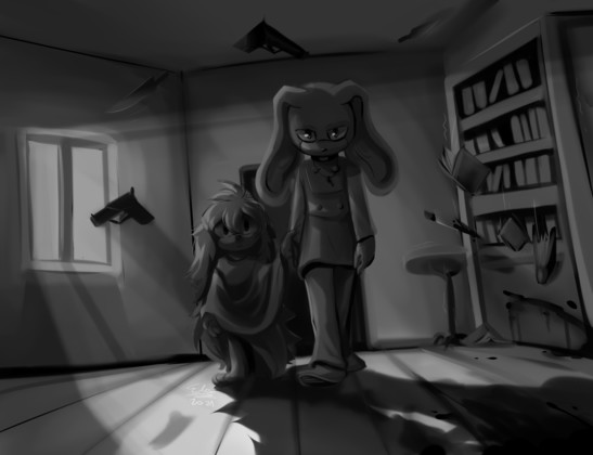 Greyscale picture of two anthropomorphic characters, a rabbit and a puppy, going towards the camera through a dimly lit room.