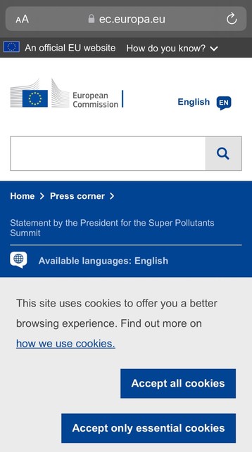 Screenshot from the EU press corner website where nothing of distance is viewable without interaction. The cookie banner itself (???) takes up more than 1/3 of the page