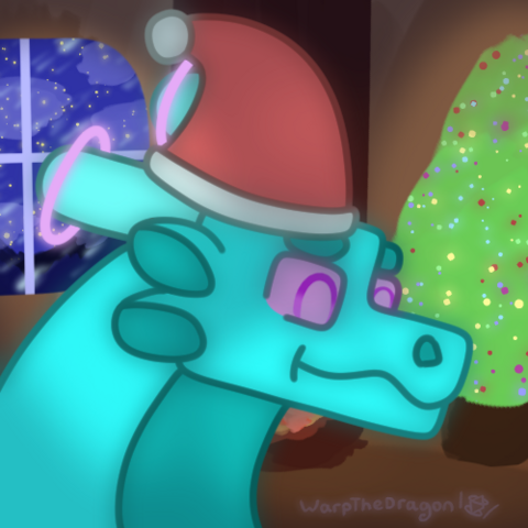 A headshot drawing of Warp, a light blue dragon, wearing a Christmas hat. The background depicts an interior of a house, with a tree that has lights on it, a window showing a snowy night outside and a fireplace.
