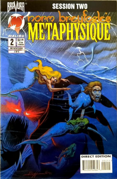 a cover of a comic, at the top it reads session two...norm breyfogle's ...metaphysique; there are people in the illustration, swimming in the ocean, their bodies have been changed into half-aquatic animal amalgams, there is a mermaid and also a fish with a man's head , a giant fish below with glowing red eyes approaching with its mouth opened, sharp teeth inside