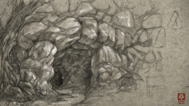 Pencil drawing of a cave entrance from which a small stream flows. The entrance is made of spiral-shaped rocks.