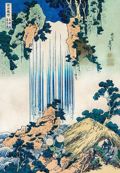 a japanese woodblock print of a waterfall coming down, there are trees at the top, light tan rocks, rocks at the bottom of the falls, two human figures wearing conical hats look upwards, the river water rolling by next to them