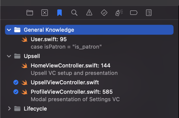 A screenshot of Xcode bookmarks section. The navigation pane on the left shows a hierarchy of tasks categorized under "General Knowledge," "Upsell," and "Lifecycle."
