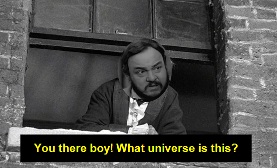 Ebenezer Scrooge at the open window except over his head is pasted an image of the head of John Rhys-Davies in his character of Professor Arturo from the TV series Sliders. The caption reads, "You there boy! What universe is this?"