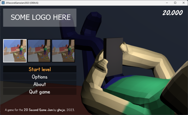 A screenshot of my still untitled game for the game jam. It is the main menu, with level selector and a 3D scene in the background with a character holding a phone in his hands.