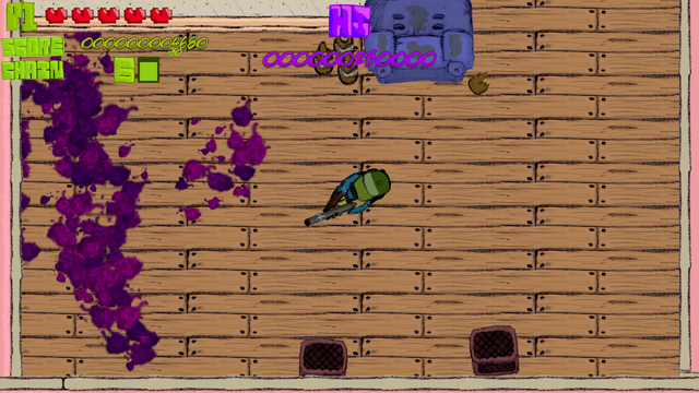 A twin-stick shooter. Shows a crappy apartment stained with remains of shotgunned enemies.