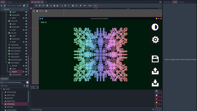 Short video of a Godot application in development. The application window shows a fractal image. The camera moves around a bit, then the mouse clicks on a button that exposes controls which, as they're tweaked, alter the fractal on screen. After some fiddling, the user clicks on a text field, setting a "screenshot resolution" to a high number. When they then click on a "save button", the program opens a dialog to save a PNG file. After doing so, the user brings in an image viewer window which shows the image saved with the correct name and resolution as stated in the application, without any of the UI elements