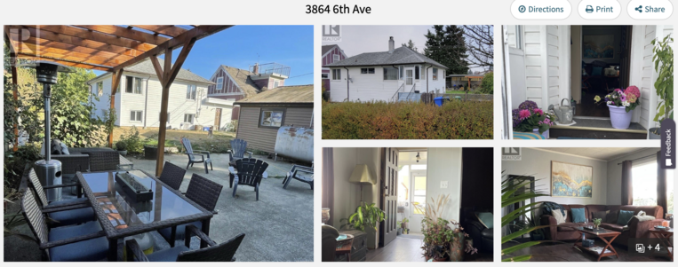 A screenshot of the photos from the Real Estate listing shows two outdoor and three indoor views.