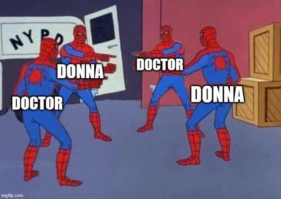 Spider-Men pointing at each other, two of them labeled "Doctor" and two of them labeled "Donna"