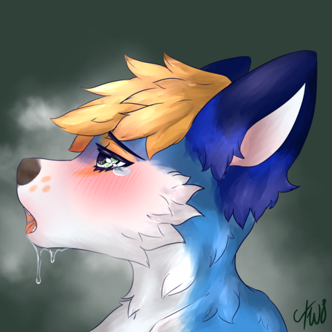 Blue Anthro fox blushing and drooling while looking up, steamy background